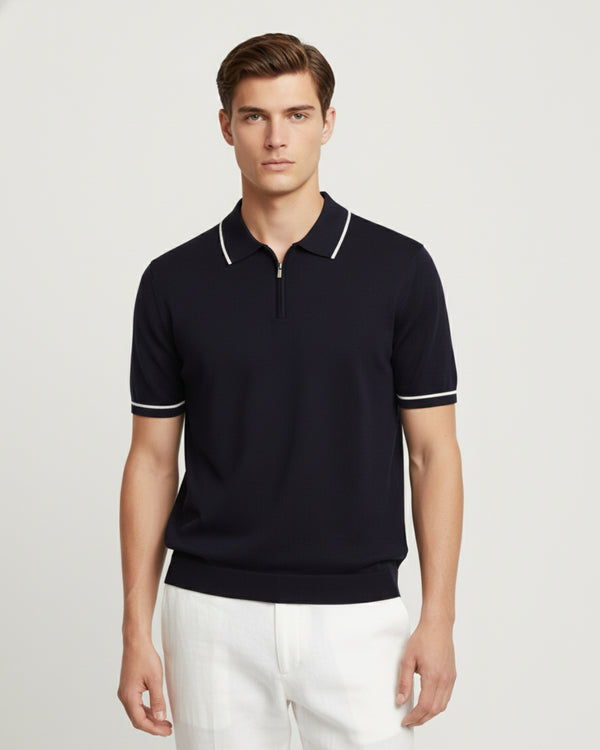 Retro Knit Zip Polo - Navy