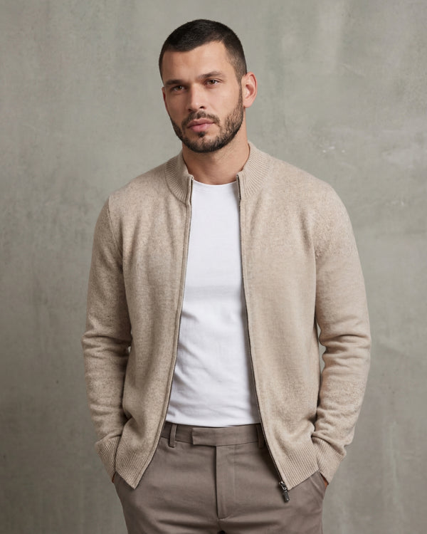 Merino Wool Full-Zip Sweater - Beige
