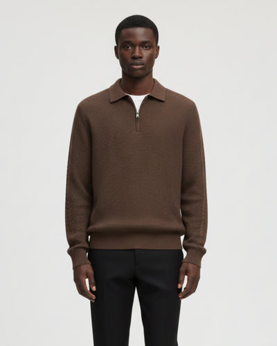 Katoenen Waffle Half-Zip Sweater - Espresso