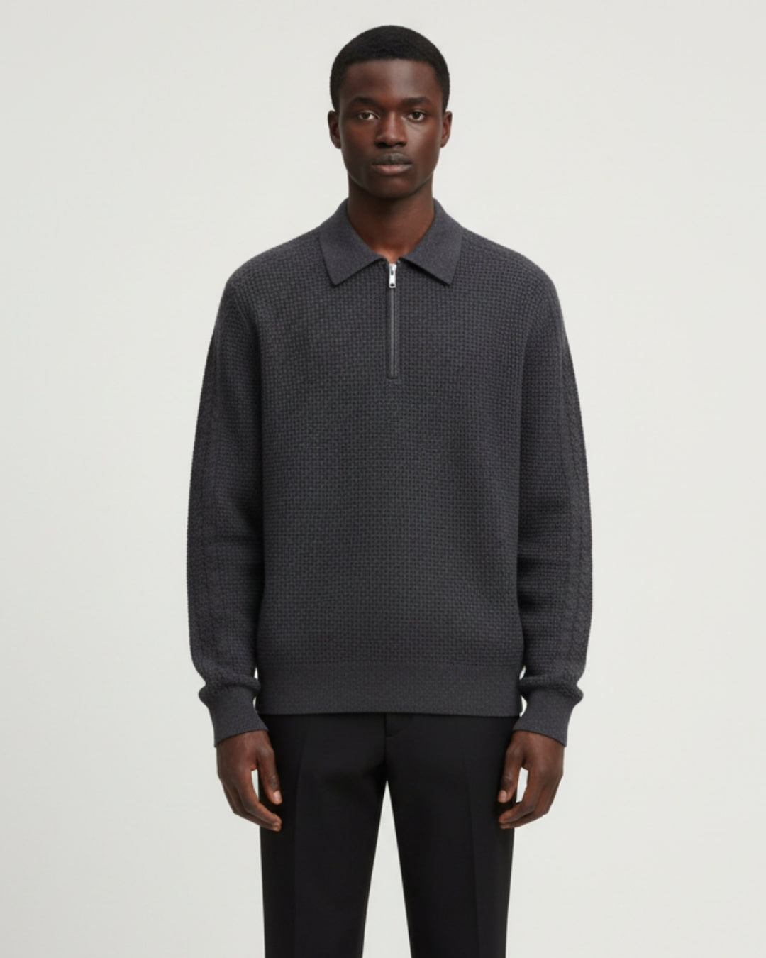 Katoenen Waffle Half-Zip Sweater - Grafiet