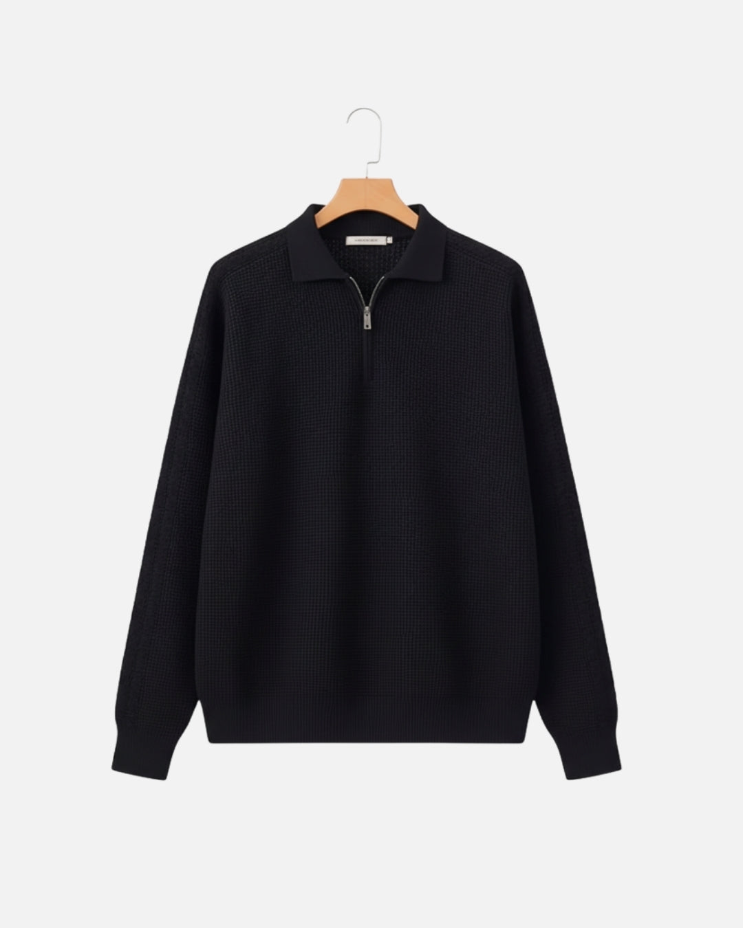 Katoenen Waffle Half-Zip Sweater - Zwart