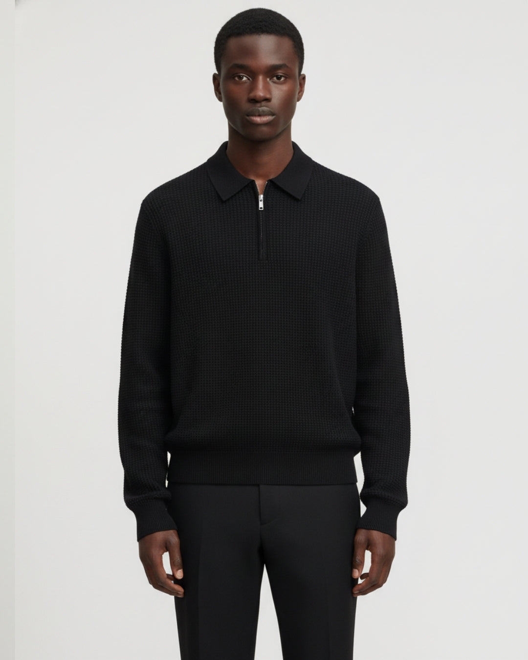 Katoenen Waffle Half-Zip Sweater - Zwart