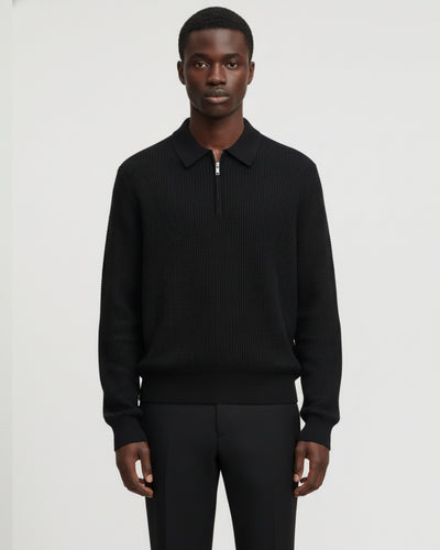 Katoenen Waffle Half-Zip Sweater - Zwart