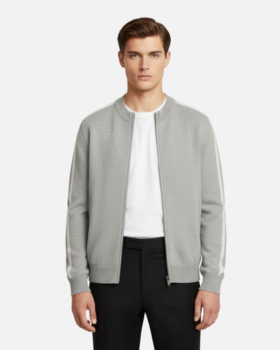 Merinowollen Full-Zip Stripe Sweater - Grijs