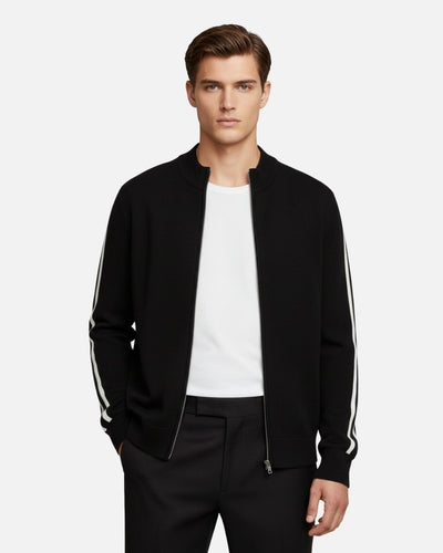 Merinowollen Full-Zip Stripe Sweater - Zwart
