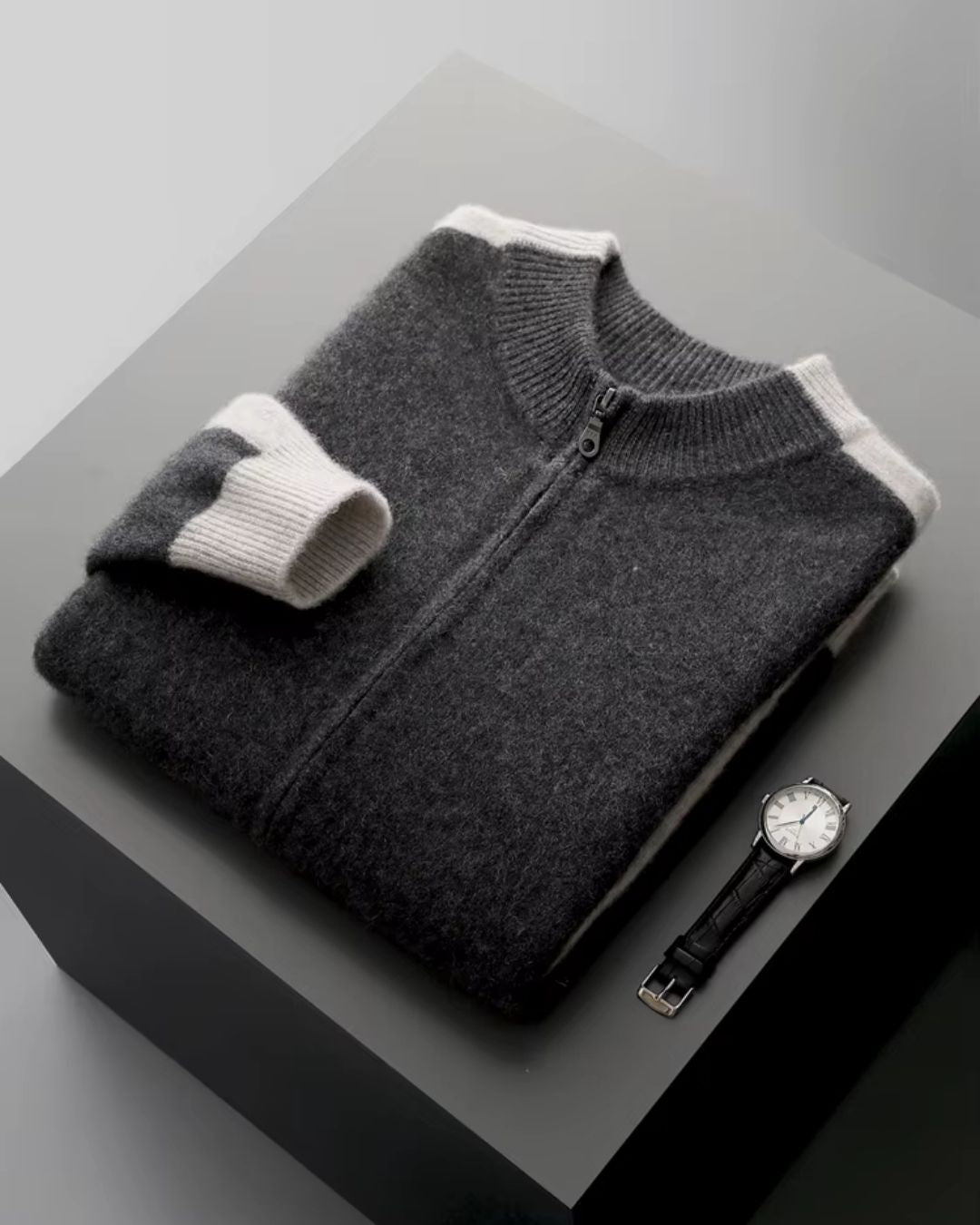 Merinowollen Full-Zip Sweater Two-Tone - Grafiet