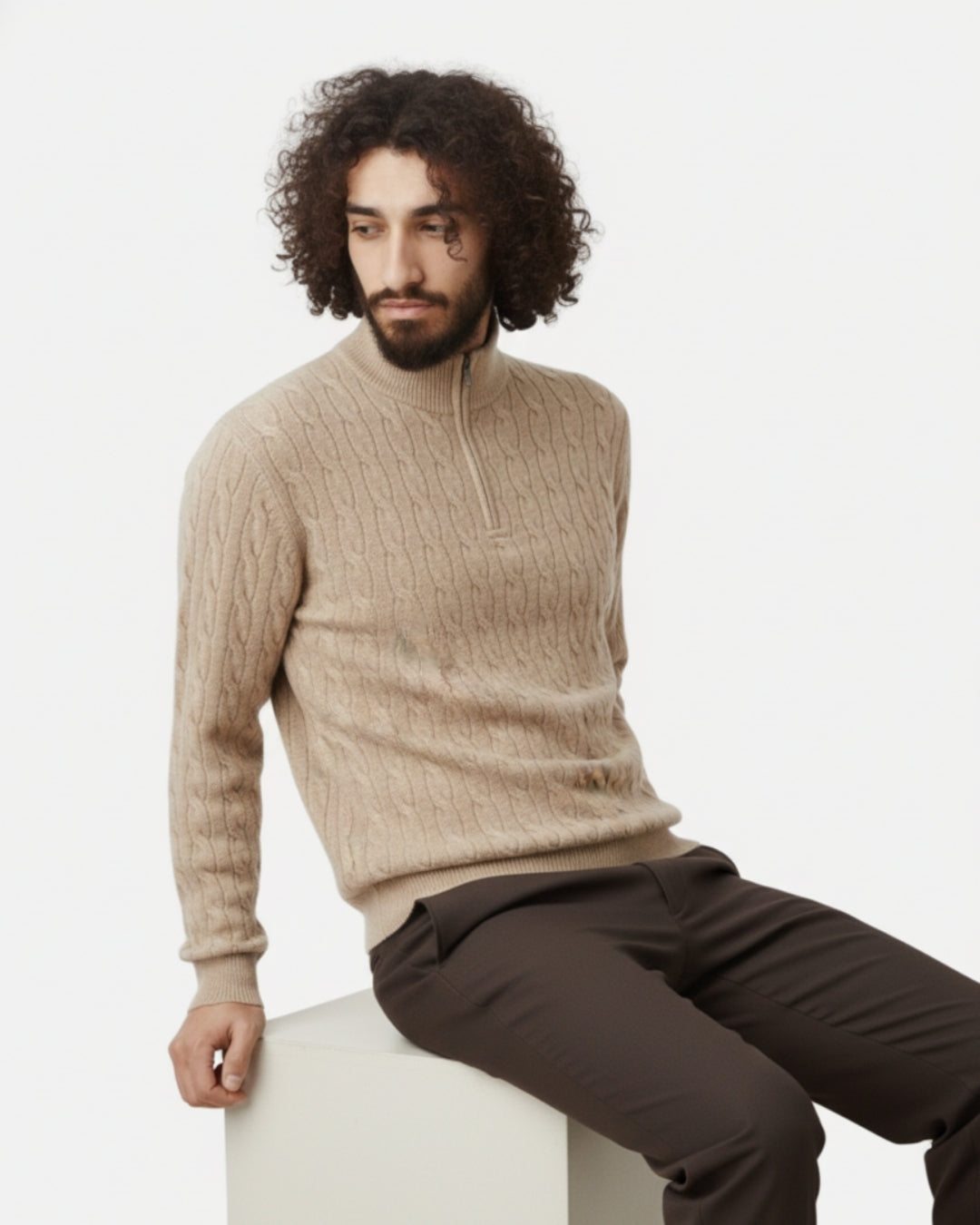 TQC - Merinowollen Kabelgebreide Half-zip Trui