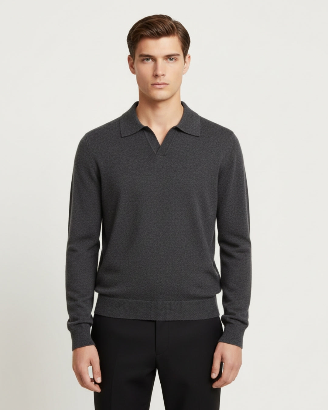 Merinowollen Knooploze Polo Sweater - Grafiet