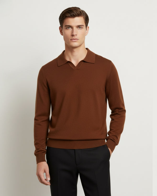 Merinowollen Polo Shirt met Lange Mouw - Kaneel