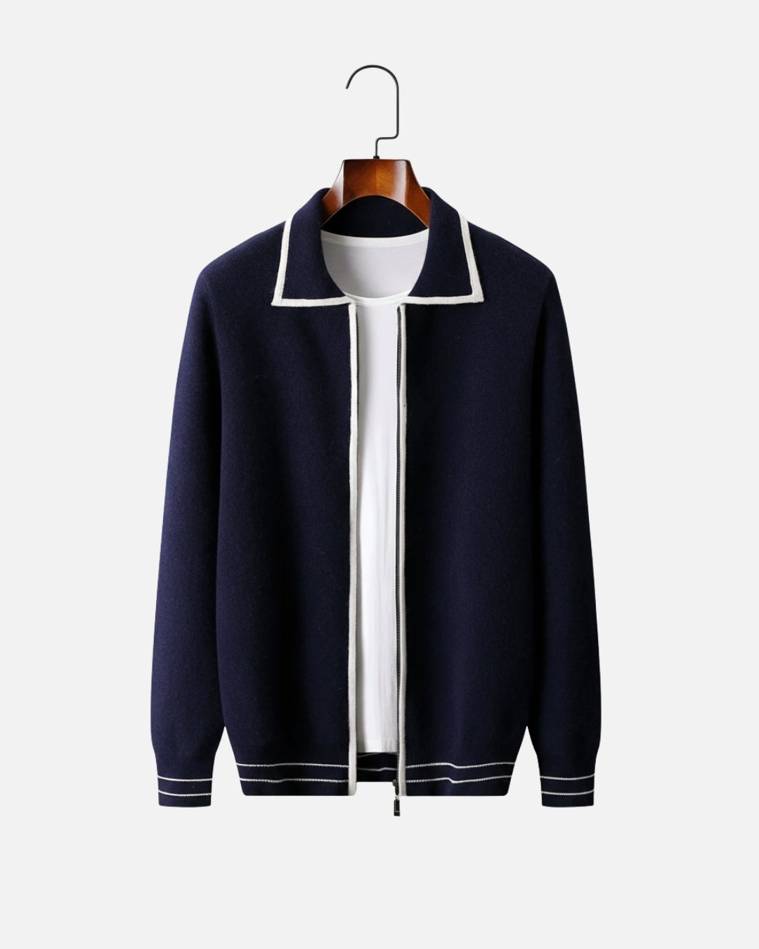 Merinowollen Full-Zip Polo Two-Tone - Navy