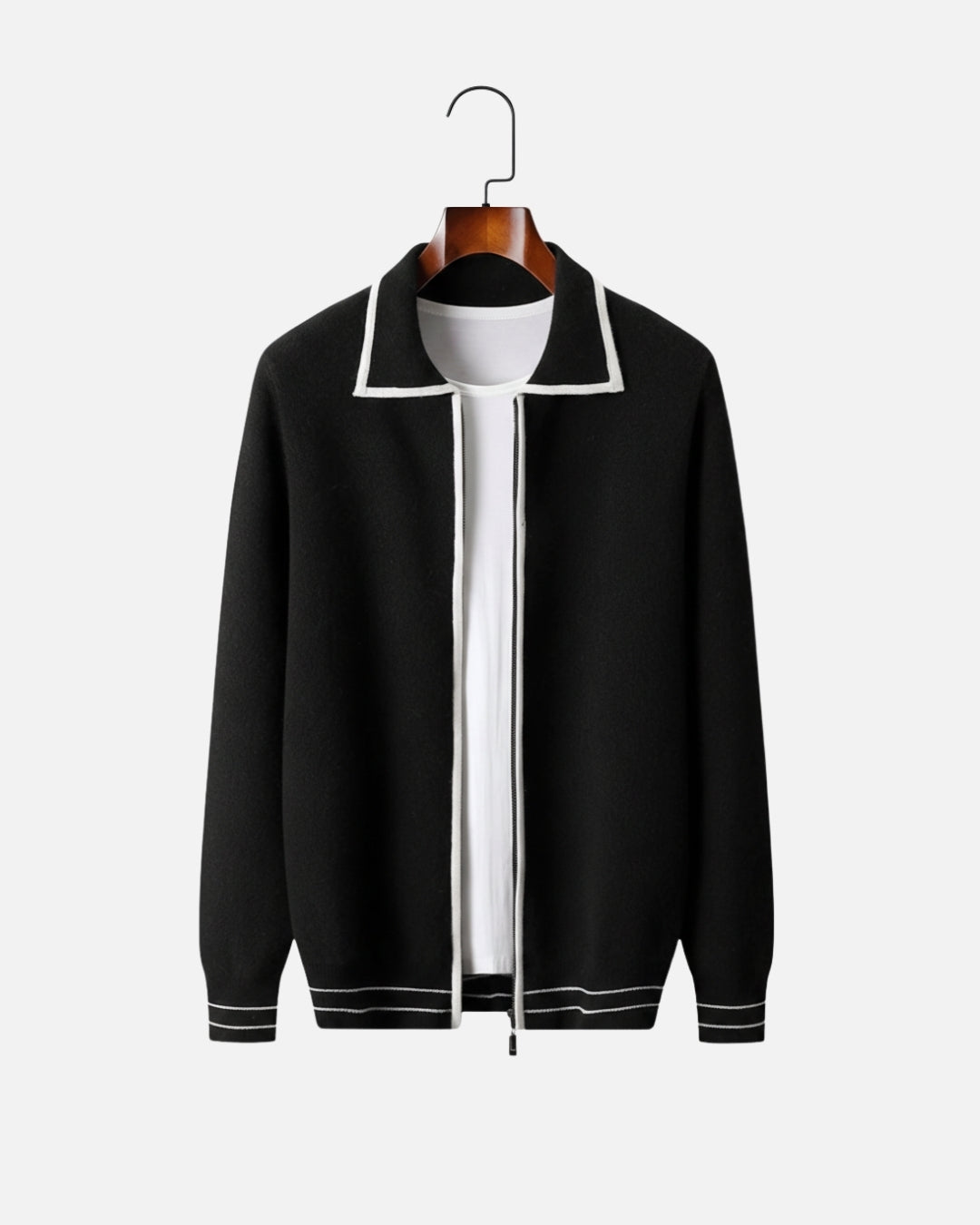 Merinowollen Full-Zip Polo Two-Tone - Zwart