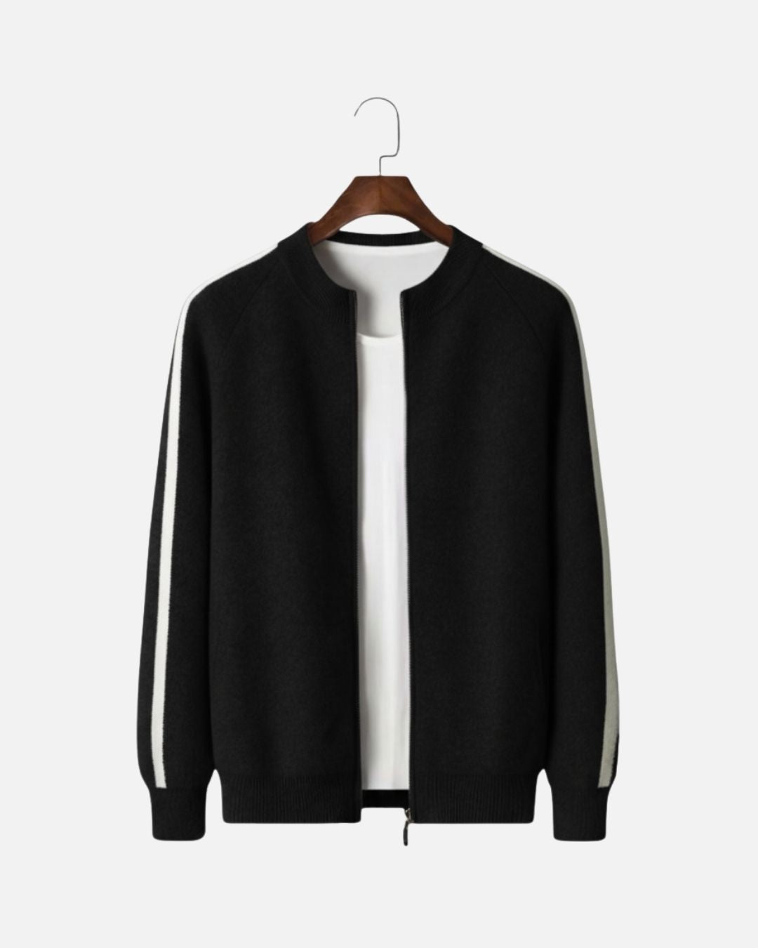 Merinowollen Full-Zip Stripe Sweater - Zwart